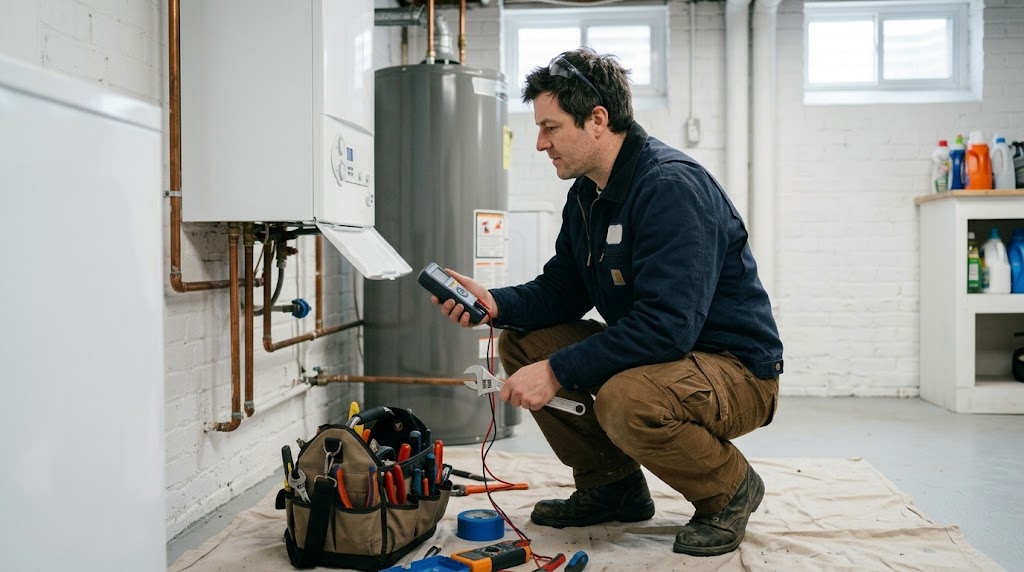 Plumbing technician inspecting high-efficiency replacement heating boiler and header piping in a Manhattan basement