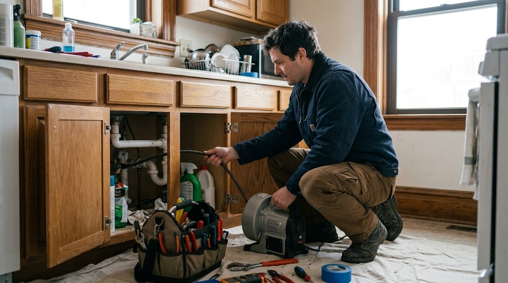 Plumber operating an electromechanical drain snake through a basement cleanout fitting in a Manhattan building
