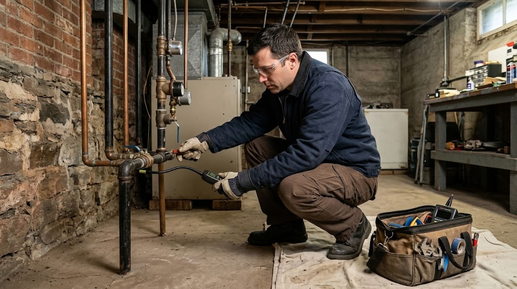 Plumbing technician testing black steel gas pipe joints and shutoff valve with an electronic combustible gas detector