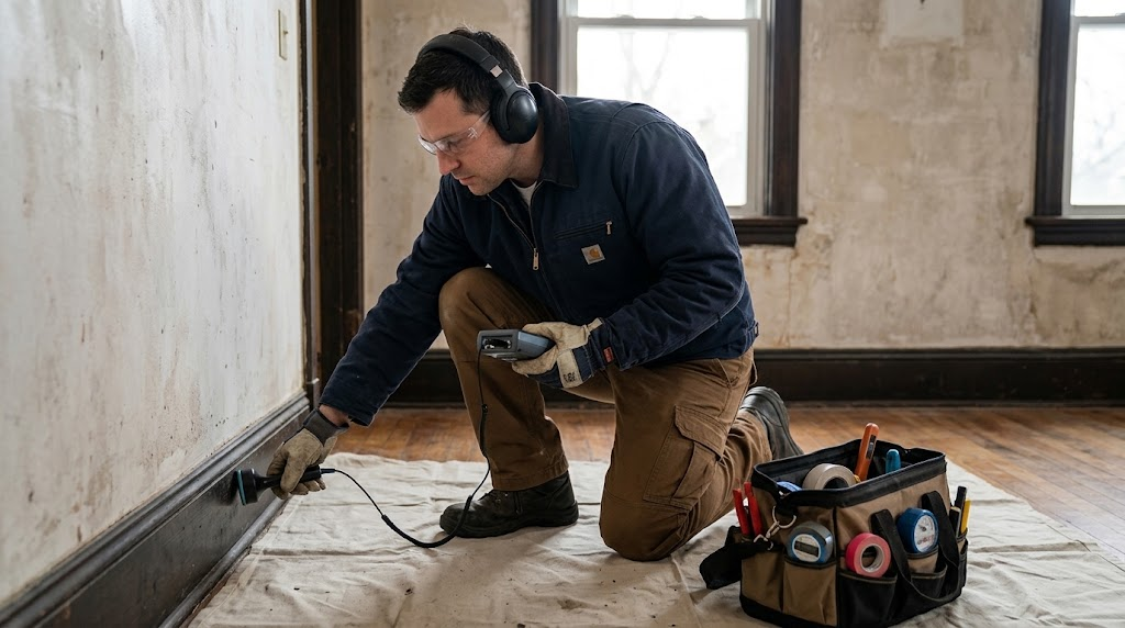 Plumbing technician utilizing electronic acoustic listening equipment and thermal detection to locate hidden pipe leak in a Midtown Manhattan apartment wall