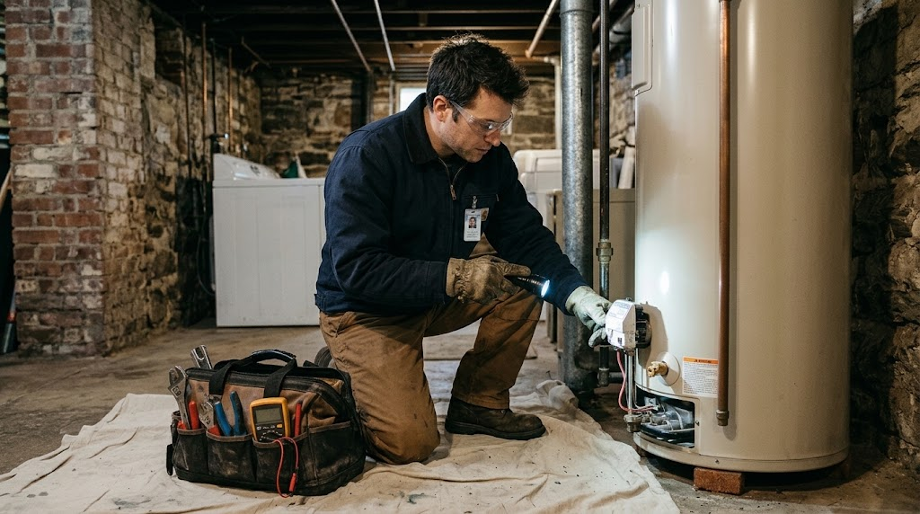 Plumbing technician testing gas valve controls and relief valve on a residential water heater in a Manhattan building